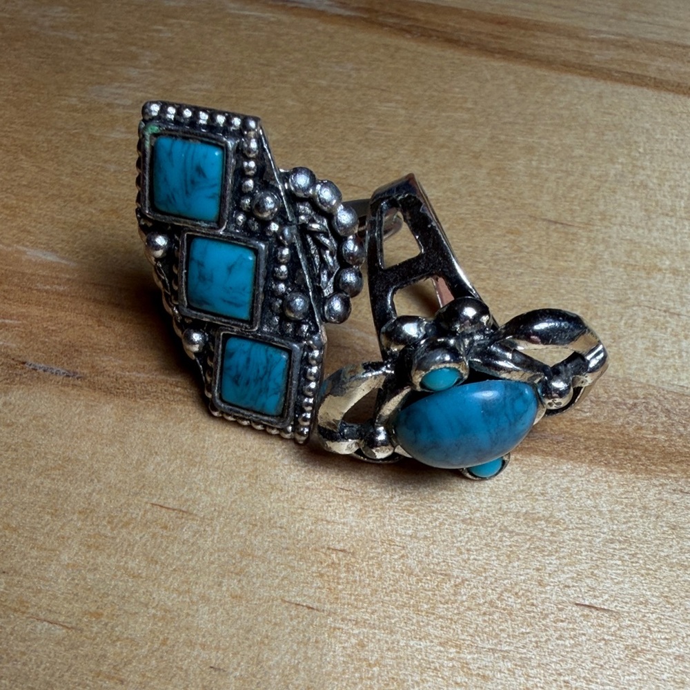 Duo Of Turquoise Stone Silver Tone Cocktail Rings Adjustable Statement Y2K Vint. - Picture 2 of 9